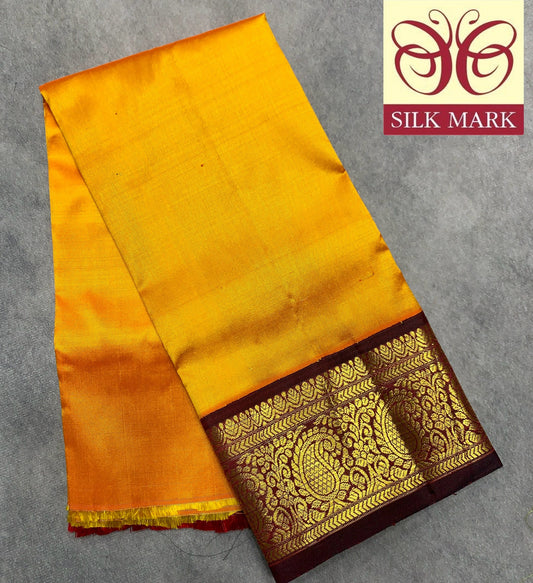 Mango Yellow Shade Pure Kanchipuram Kids Pattu Pavadai with Contrast Border for Newborn to 2 Years