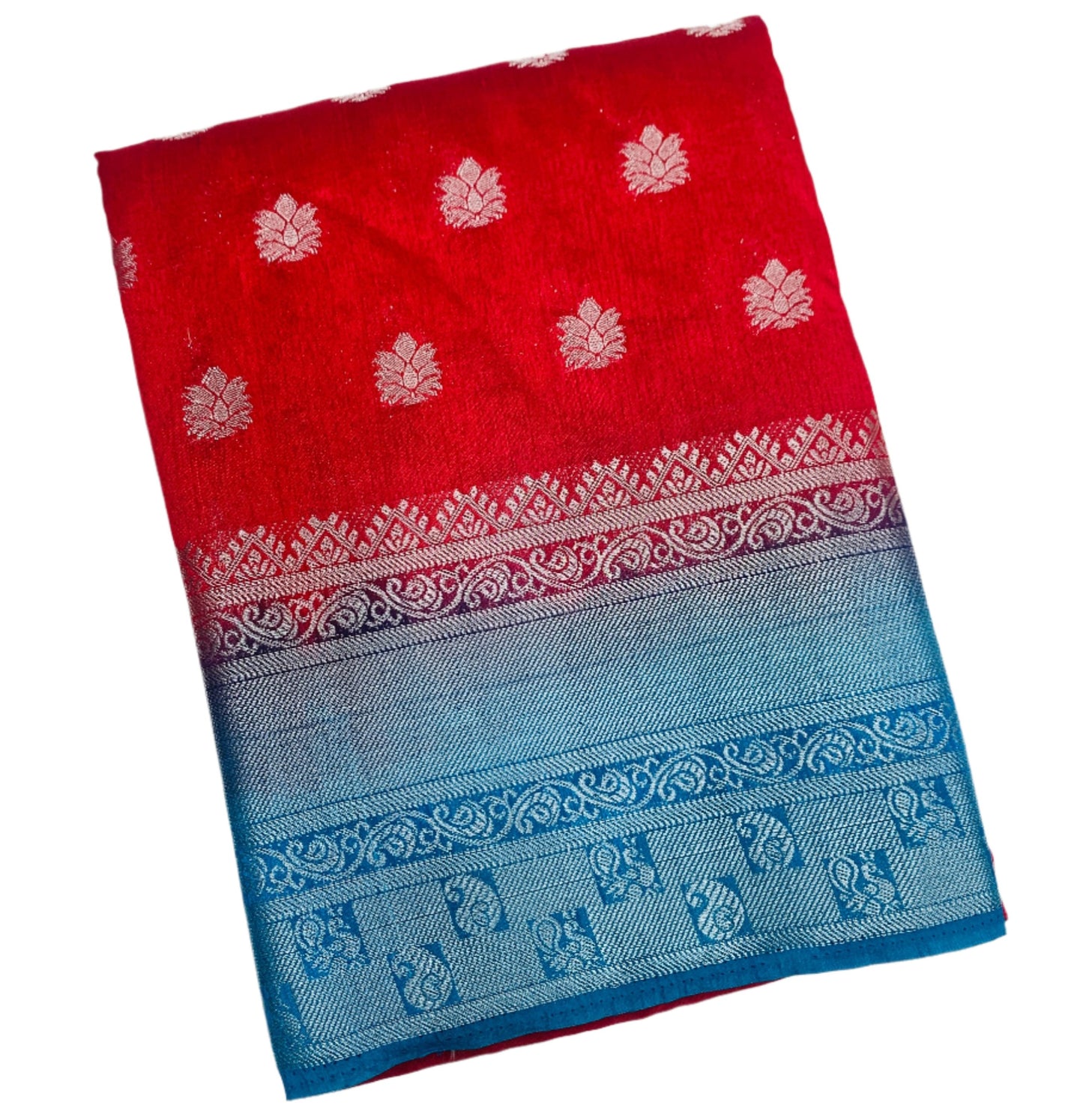 Tussar Saree Colour Tomato Red Colour with Sky Blue Border