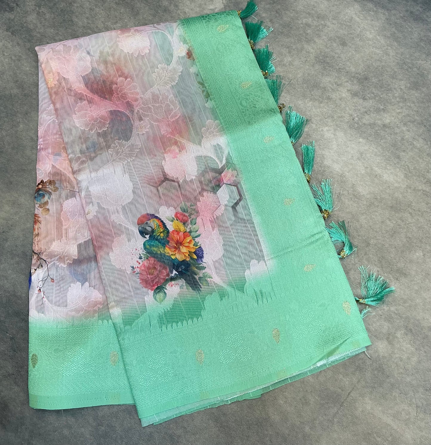 Digital Print Cotton Saree Sapphire Colour with Floral and Birds Pattern