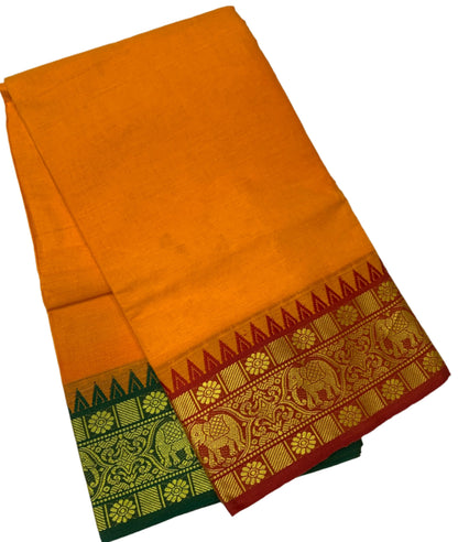 9X5 Cotton Dhoti Mango Yellow Colour with Maroon and Green Border