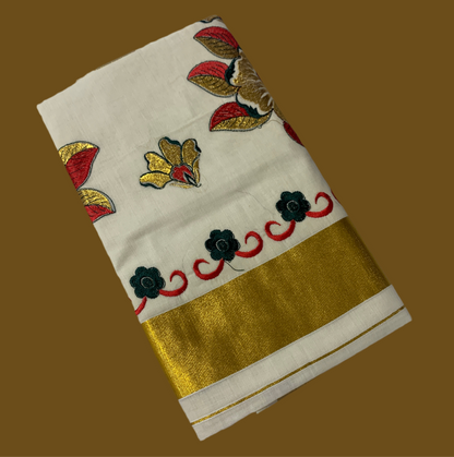 Kerala Cotton Saree Cream Colour with Floral Work Design