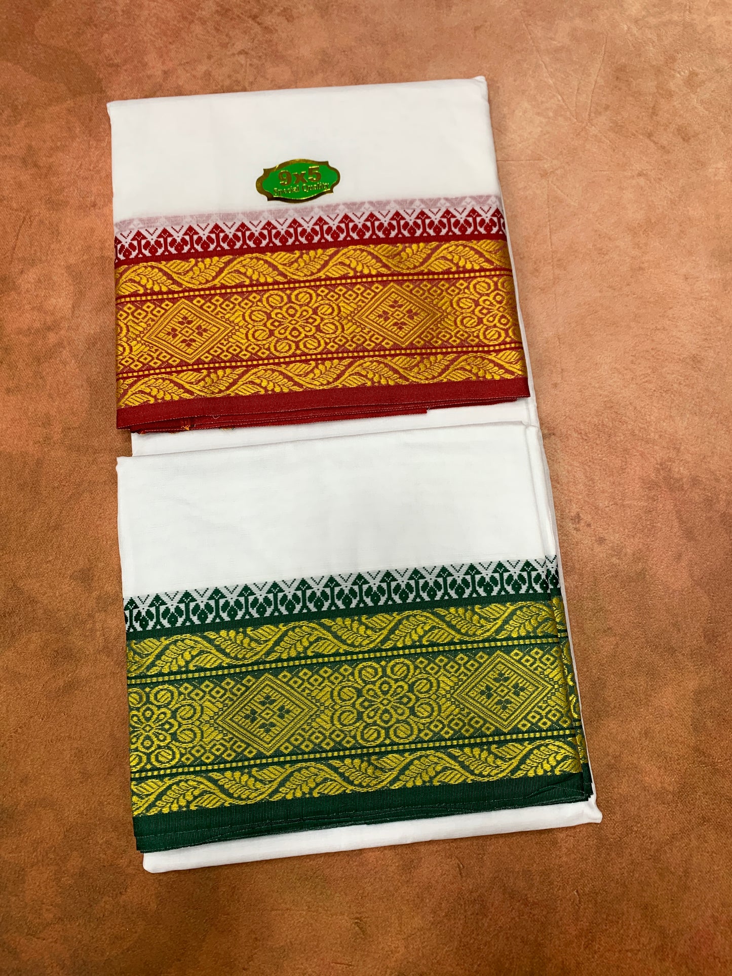 9X5 Cotton Dhoti White Colour with Red and Green Ganga Jamuna Border