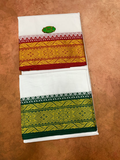 9X5 Cotton Dhoti White Colour with Red and Green Ganga Jamuna Border