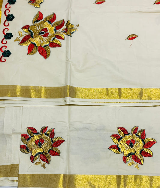 Kerala Cotton Saree Cream Colour with Floral Work Design