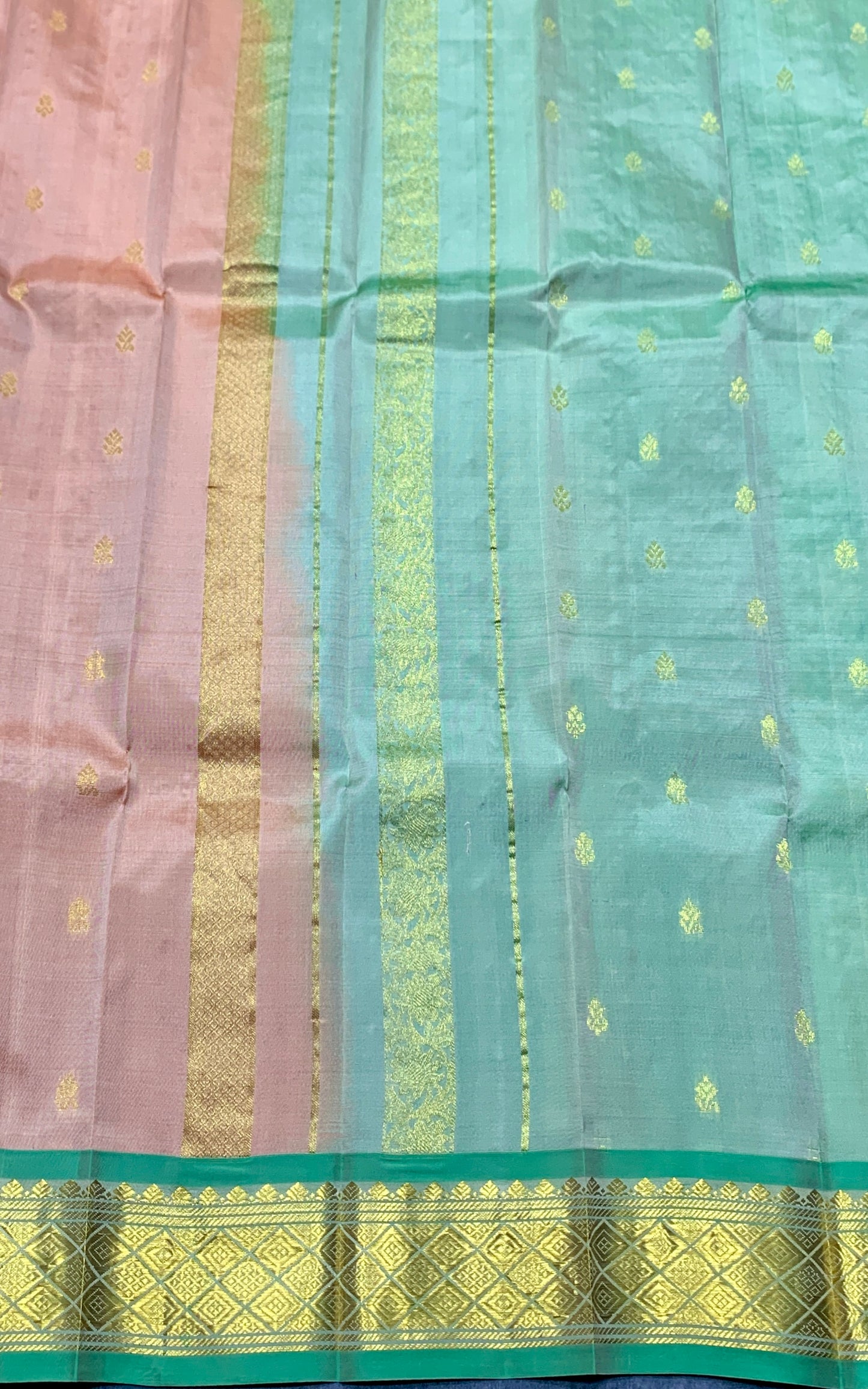 Pure Kanchipuram Silk Saree Biscuit Colour with Light Green and Gold Zari Border