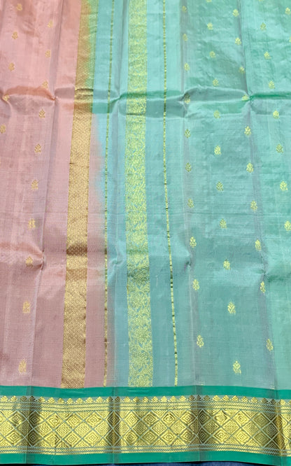 Pure Kanchipuram Silk Saree Biscuit Colour with Light Green and Gold Zari Border