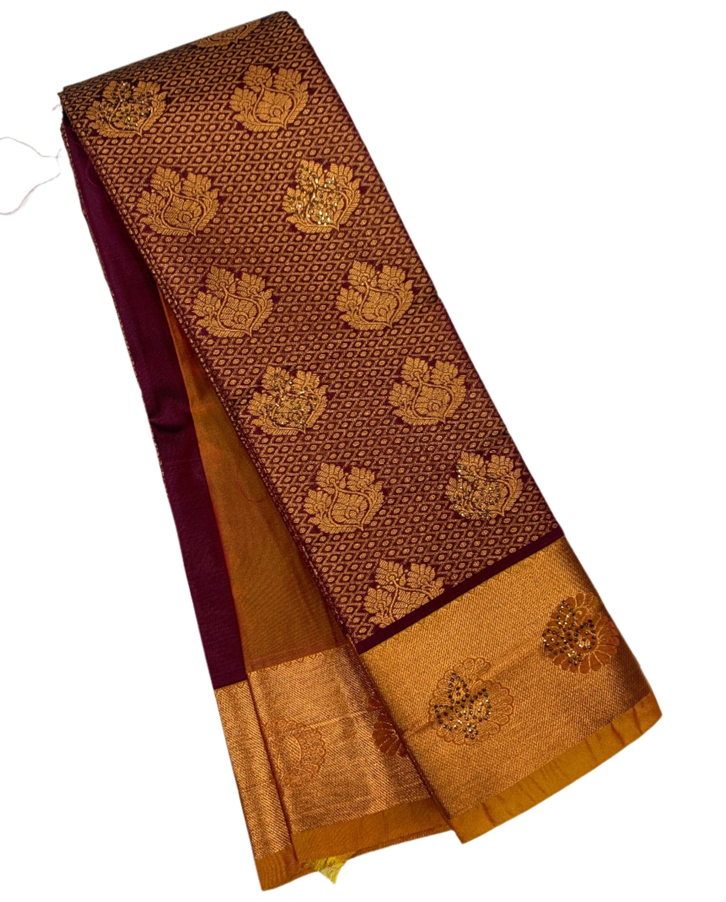 Vegan Silk Saree Brown Colour with Copper and Golden Yellow Border