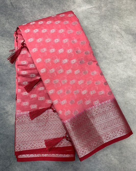 Crepe Saree Peach Colour with Red Border