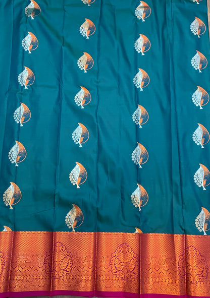 Soft Silk Casual Saree Peacock Blue with Magenta Colour Border