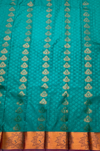 Vegan Silk Saree Sapphire shade with Copper and Brown Border