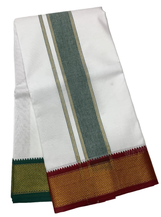 10X6 Cotton Dhoti White Colour with Large Maroon and Green Border