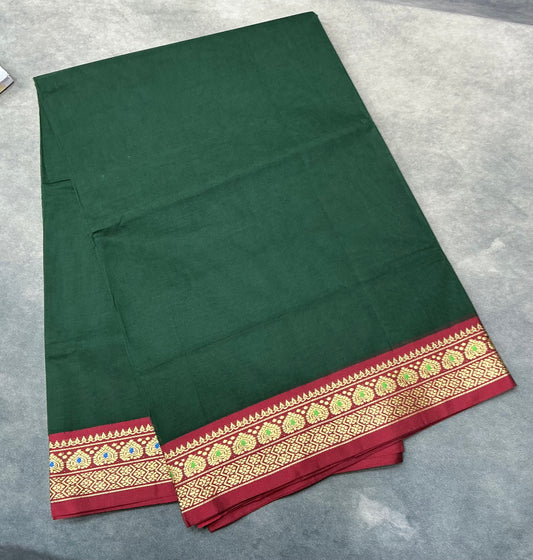 Chettinad Cotton Saree Green Colour with Red Colour with Thread Work Border