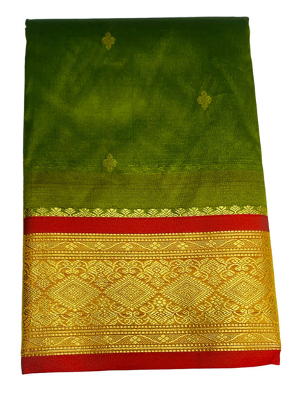 Olive Green Shade Saree with Golden and Red Border