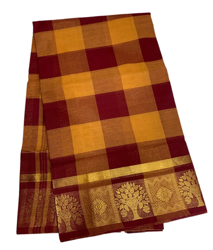 Chettinad Cotton Saree Mustard and Brown Colour with Checked Design