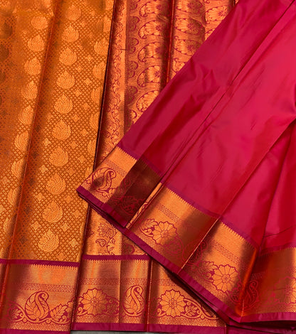 Vegan Silk Saree Golden Yellow Colour with Pink and Copper Border