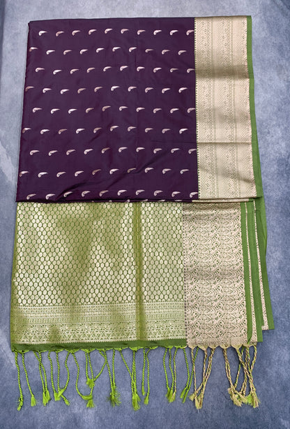 Art Silk Saree Dark Magenta Colour with Olive Green Colour Border
