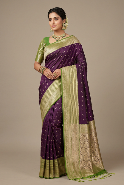 Art Silk Saree Dark Magenta Colour with Olive Green Colour Border