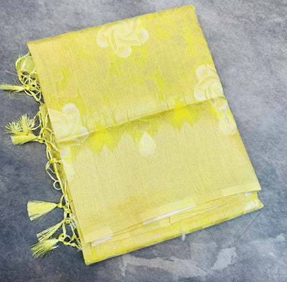 Banaras Katan Saree Yellow Colour with Katan Work Border