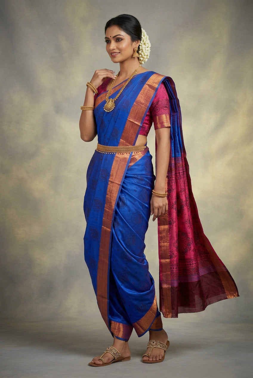 Fancy Cotton Saree Blue Colour with Copper Zari Border