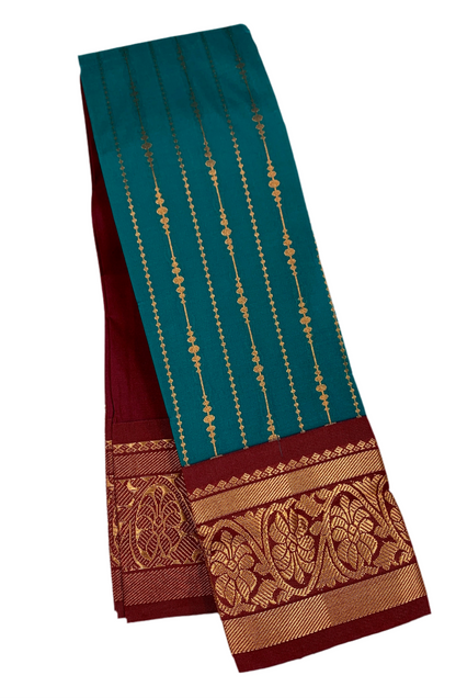 Vegan Silk Saree Rama Blue with Maroon Border and Flower Design