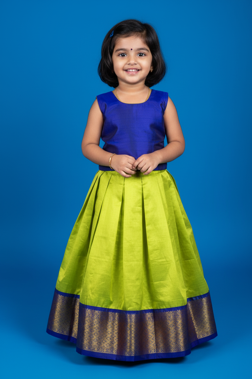 Apple Green shade Pure Kanchipuram Kids Pattu Pavadai with Contrast Border for Newborn to 2 Years