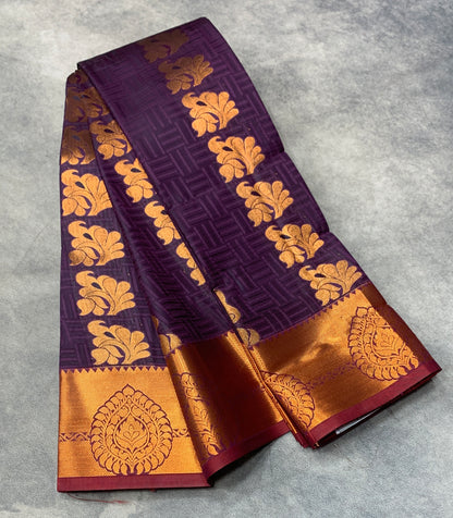 Vegan Silk Saree Dark Magenta Colour Saree with Copper Border