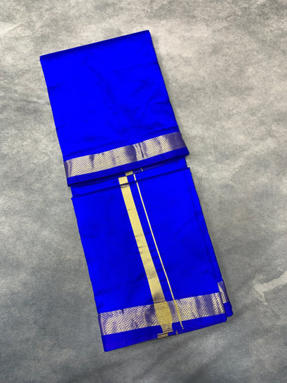 9X5 Pure Silk Royal Blue Colour Dhoti with Golden Zari Borderl