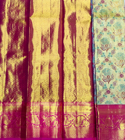 Lemon Yellow shade Pure Kanchipuram Kids Pattu Pavadai with Contrast border for age 2 to 5