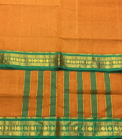 Chettinad Cotton Saree Saffron Colour with Light Green Colour with Zari Work Border
