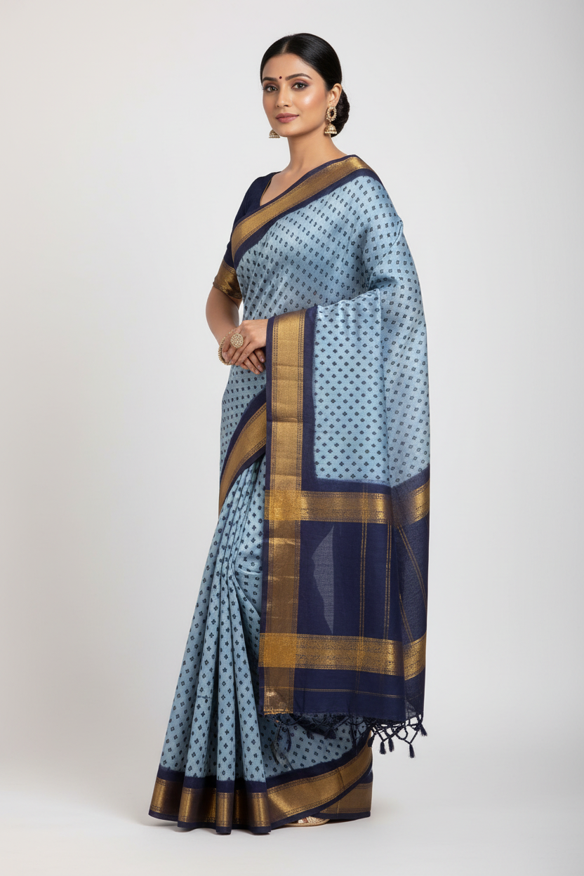 9 yards Cotton Saree Gray Colour with Navy Blue Border