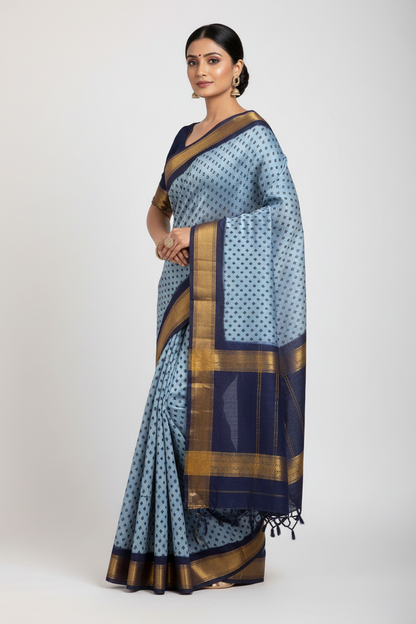 9 yards Cotton Saree Gray Colour with Navy Blue Border
