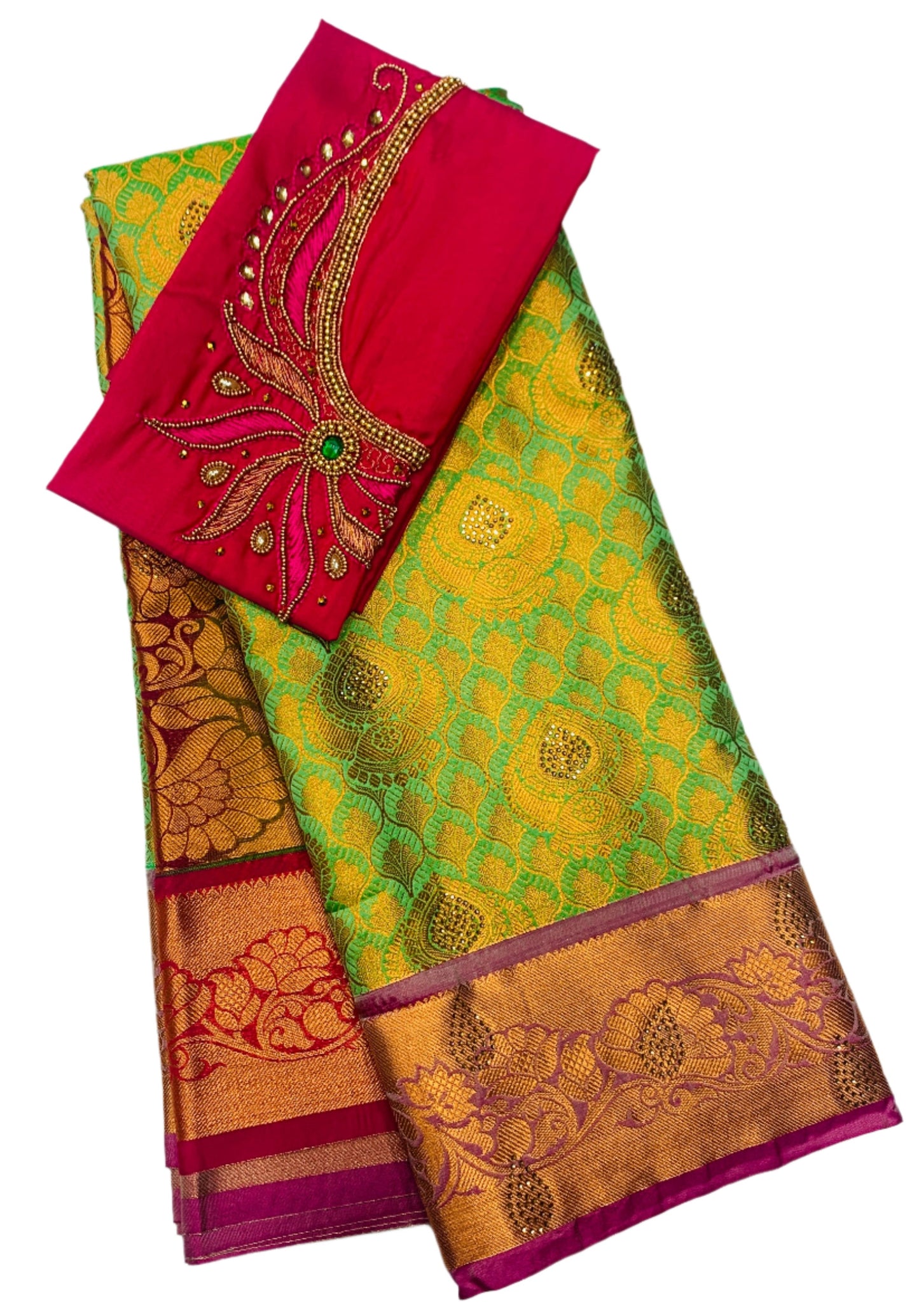 Bridal Vegan Silk Saree  Light Green shade with Pink Border with Unstitched blouse in Aari work