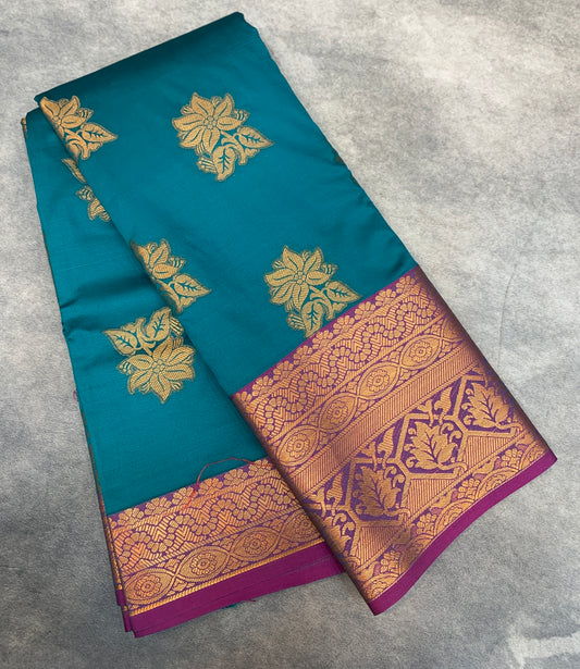 Soft Silk Casual Saree Peacock Green Colour with Pink and Golden Colour Border