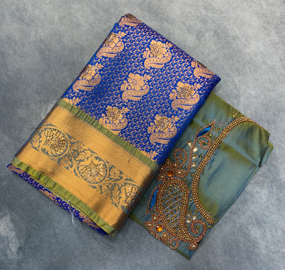 Bridal Vegan Silk Saree Blue Colour with Light Green Border with Unstitched blouse in Aari Work