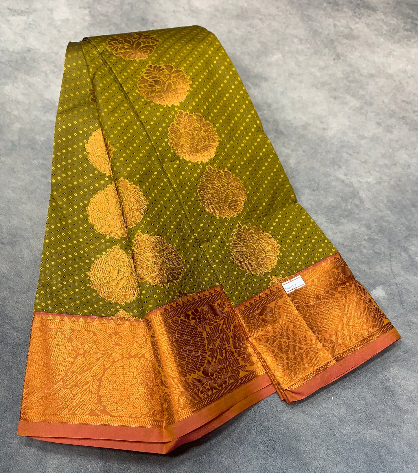 Vegan Silk Saree Olive Green Colour Saree with Copper Border