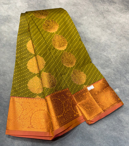Vegan Silk Saree Olive Green Colour Saree with Copper Border