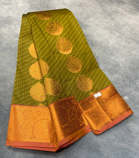 Vegan Silk Saree Olive Green Colour Saree with Copper Border