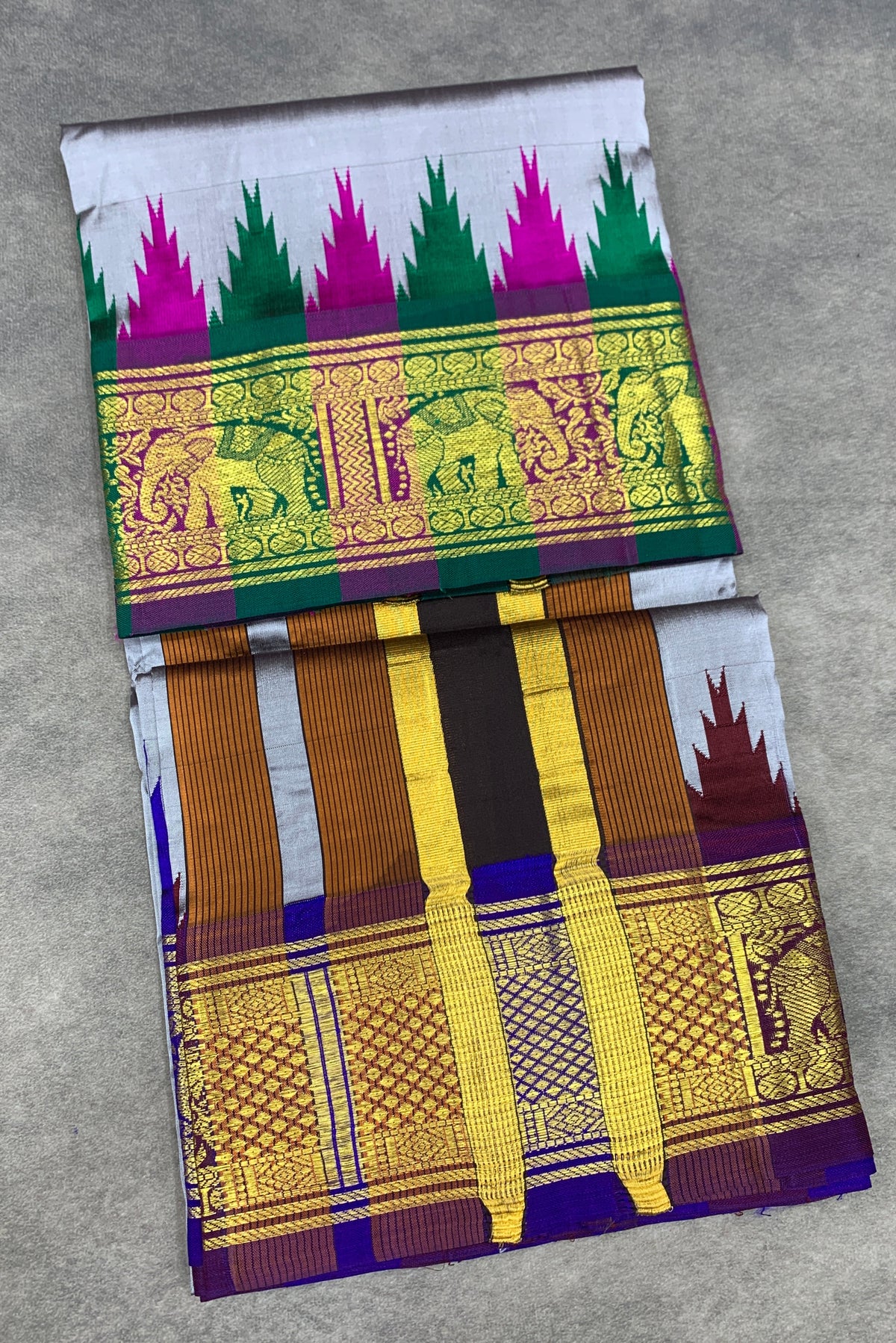 6 Mulam Silk Pooja Towel Grey Colour with Ganga Jamuna Korvai Border