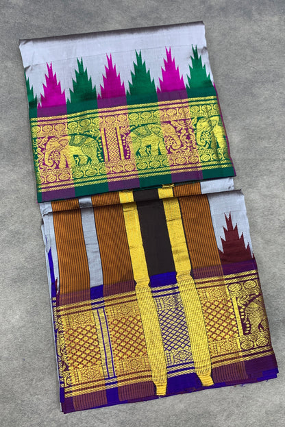6 Mulam Silk Pooja Towel Grey Colour with Ganga Jamuna Korvai Border