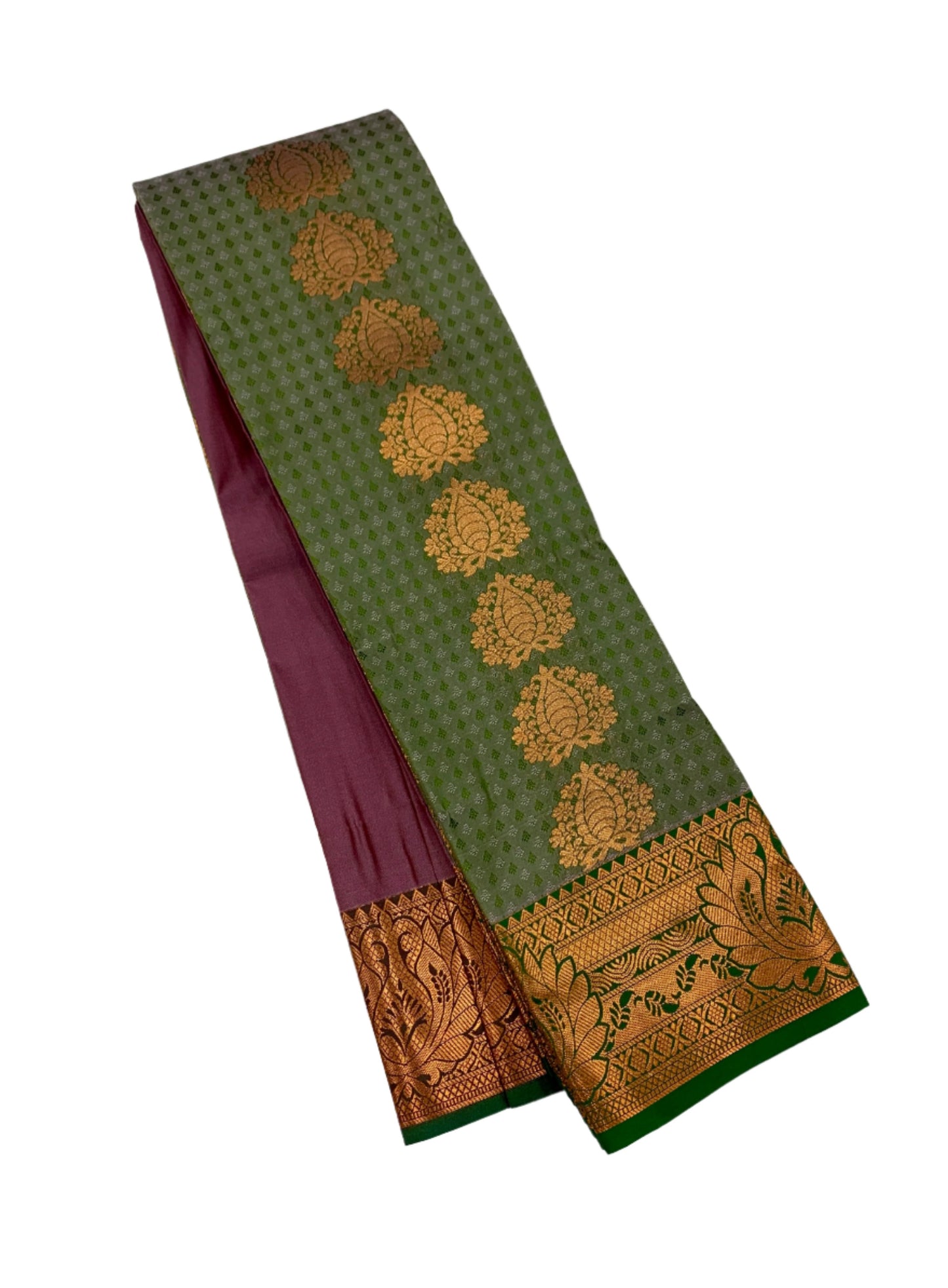 Vegan Silk Saree Olive Green Colour with Copper Border