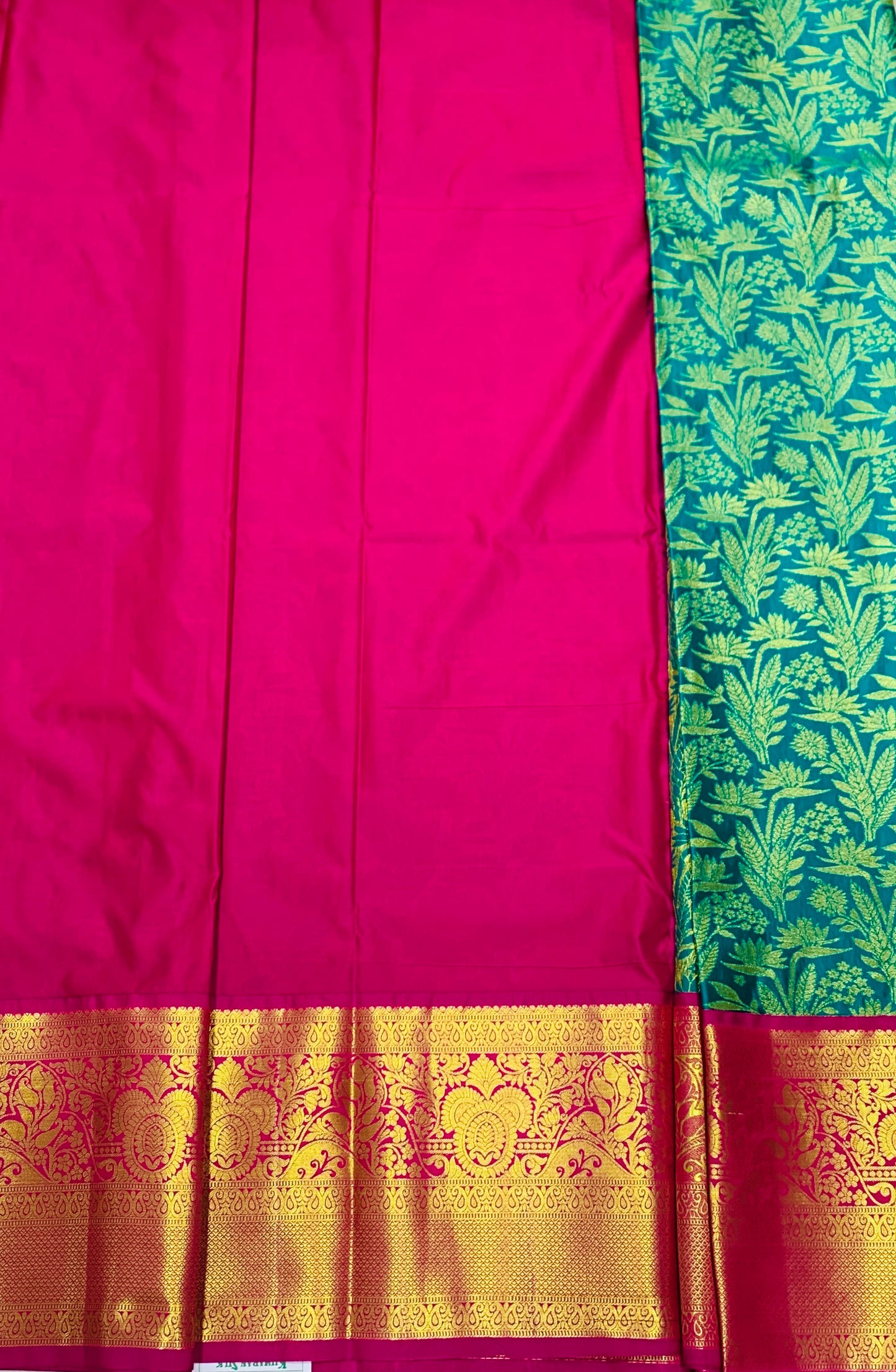 Peacock Green shade Vegan Silk Kids Pattu Pavadai with Contrast border for age above 10 years