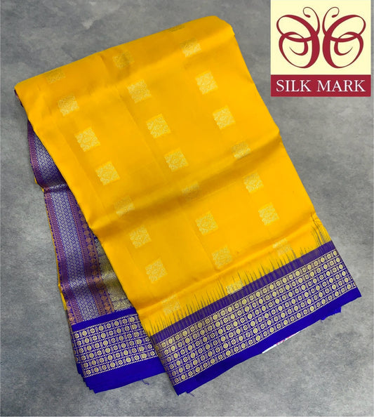 Pure Kanchipuram Silk Yellow Colour with Royal Blue Colour Border