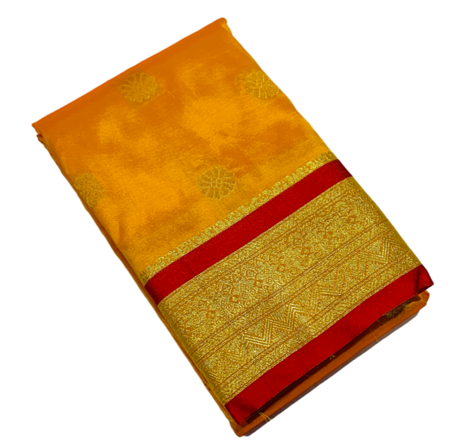 Mango Yellow shade saree with Golden and Red Border