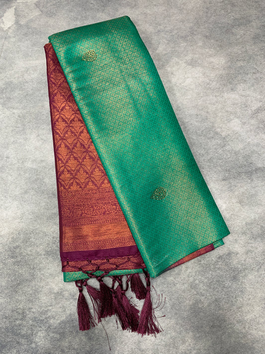 Soft Silk Saree Sapphire Colour and Stone Work with Beetroot Pink Colour Pallu