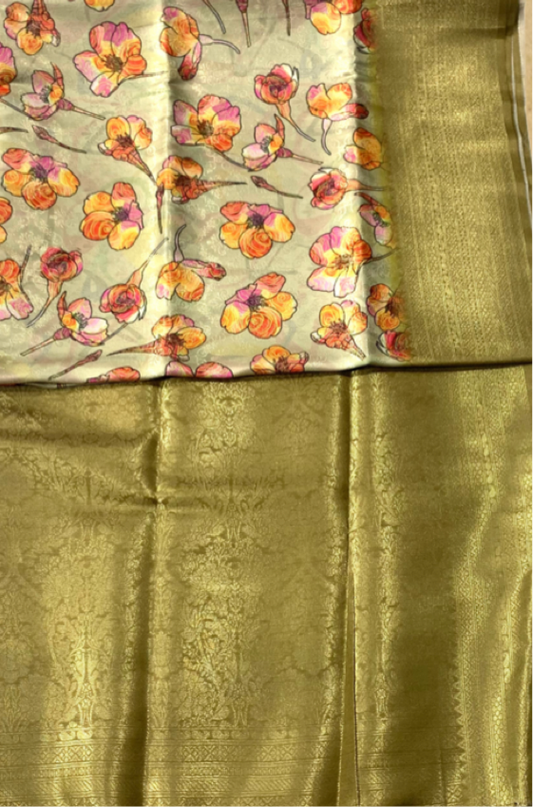 Digital Print Silk Saree Light Olive Green Colour