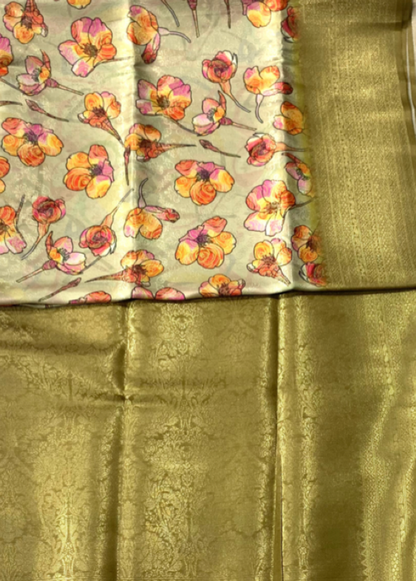 Digital Print Silk Saree Light Olive Green Colour