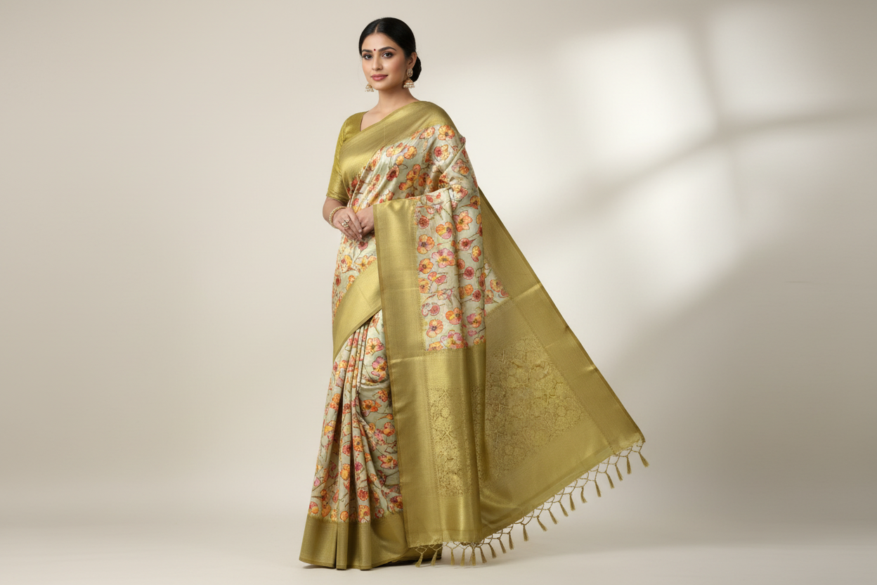 Digital Print Silk Saree Light Olive Green Colour