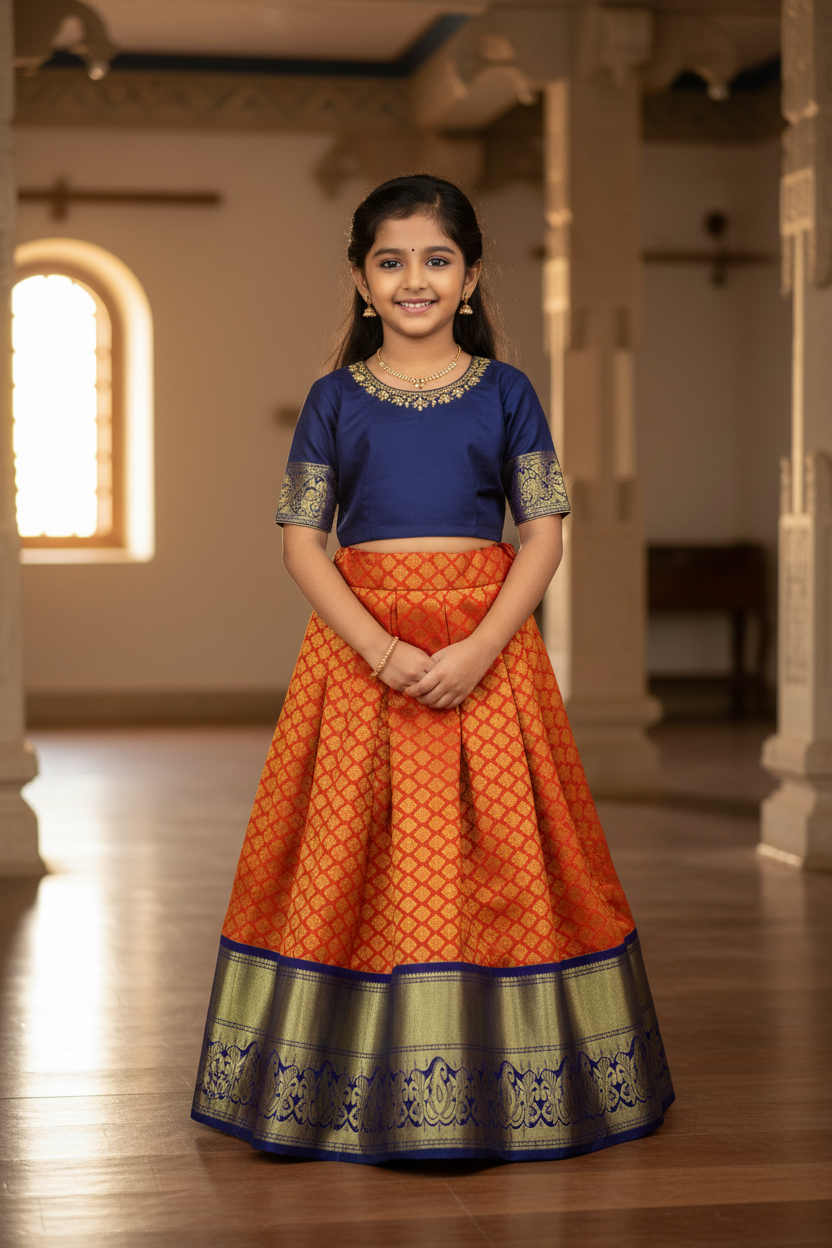 Red shade Vegan Silk Kids Pattu Pavadai with Contrast border for age above 10 years