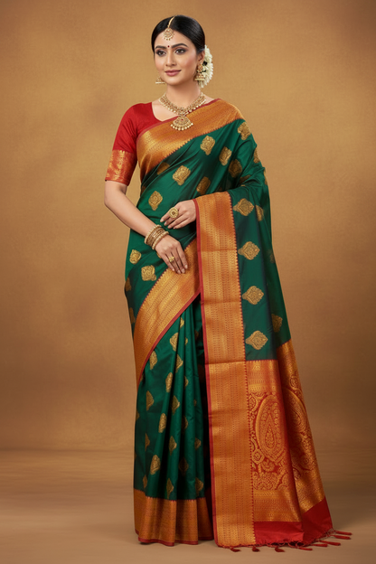 Soft Silk Casual Saree Green Colour with Maroon and Golden Colour Border