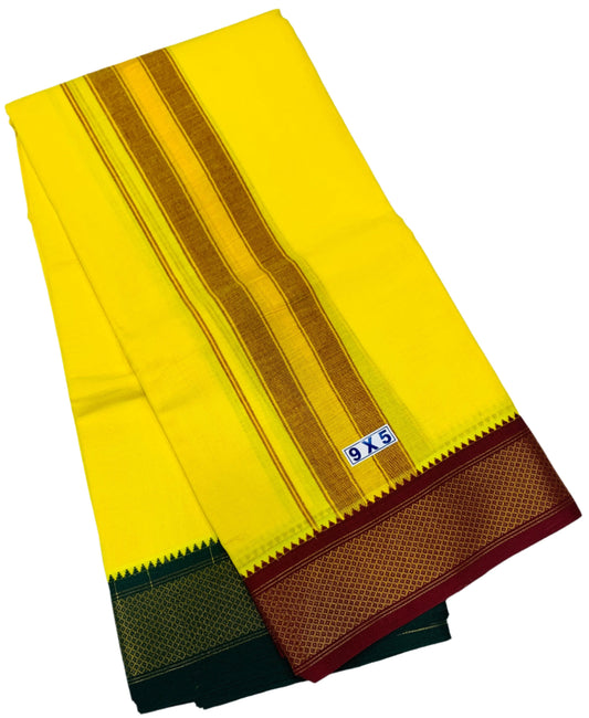 9X5 Cotton Dhoti Yellow Colour with Brown and Green Border